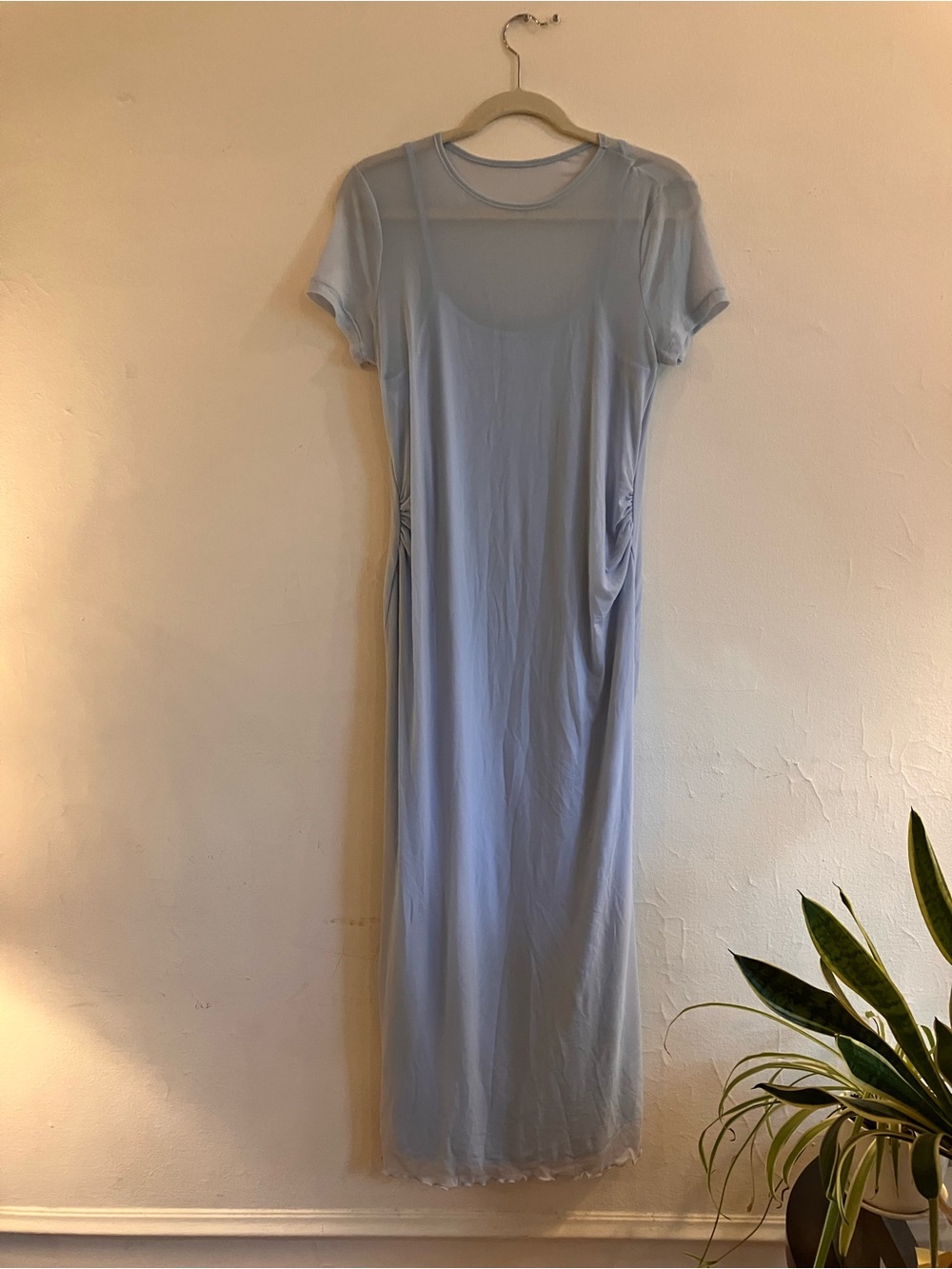 Maternity form fitting rutched midi baby blue dress with scalloped hem by SHEIN - Picture 2 of 8